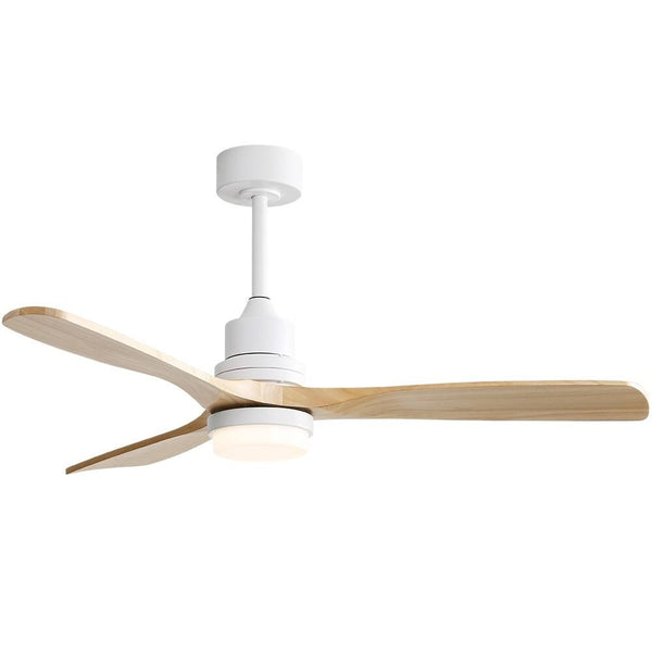 52 inch Indoor and Outdoor Downrod Solid Wood Ceiling Fan with Remote, Integrated Light Optional with Integrated Light White with Burlywood Blades